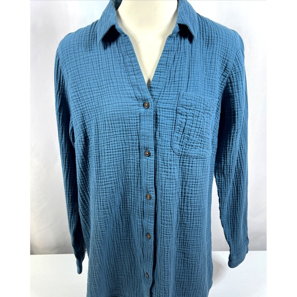 J. Jill Women's Teal Crinkled Cotton Gauze Button-Down Relaxed Shirt Size Medium